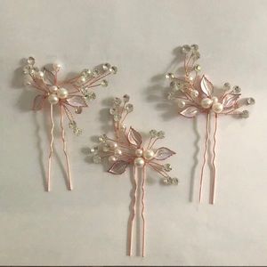 3x gorgeous leaf hairpins, rose gold with Pearl and jewels, weddings / prom